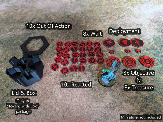 Warcry Compatible Activation Tokens & Box Set – Objective, Treasure, Deployment Tokens + Optional Storage Box– Multiple Colours